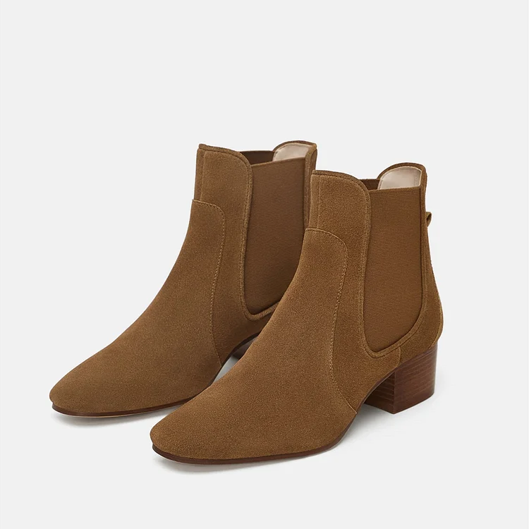 Brown Chelsea Boots Round Toe Block Heels Ankle Boots |FSJ Shoes
