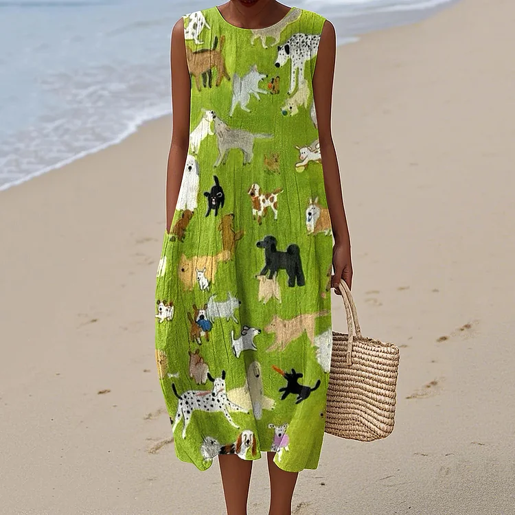 Women's Dog Art Print Crew Neck Tank Midi Dress