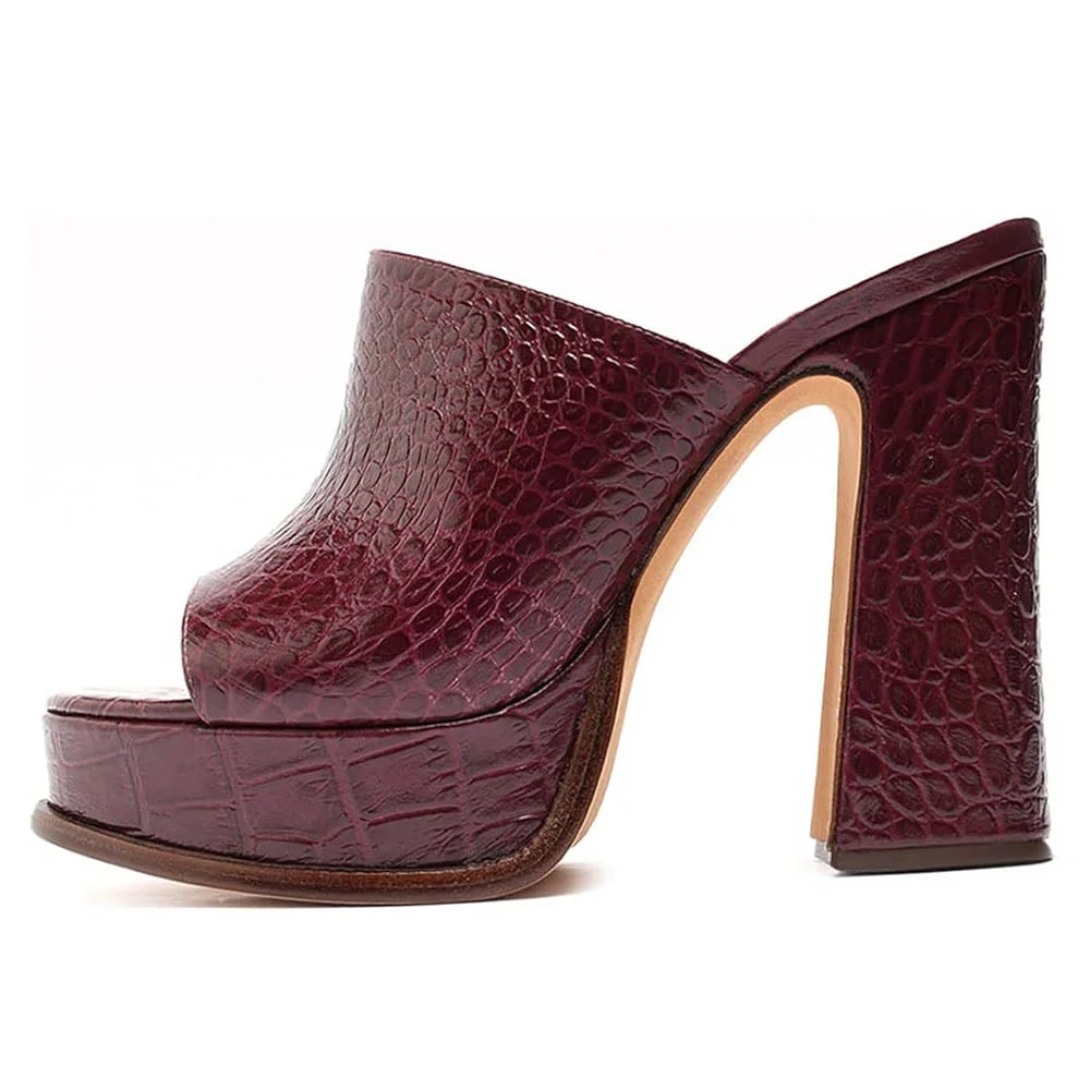Maroon Open Toe Crocodile Embossed Chunky Heel Platform Slide Sandals