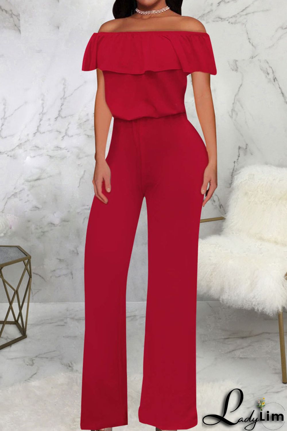 Grey Casual Solid Patchwork Flounce Off the Shoulder Straight Jumpsuits