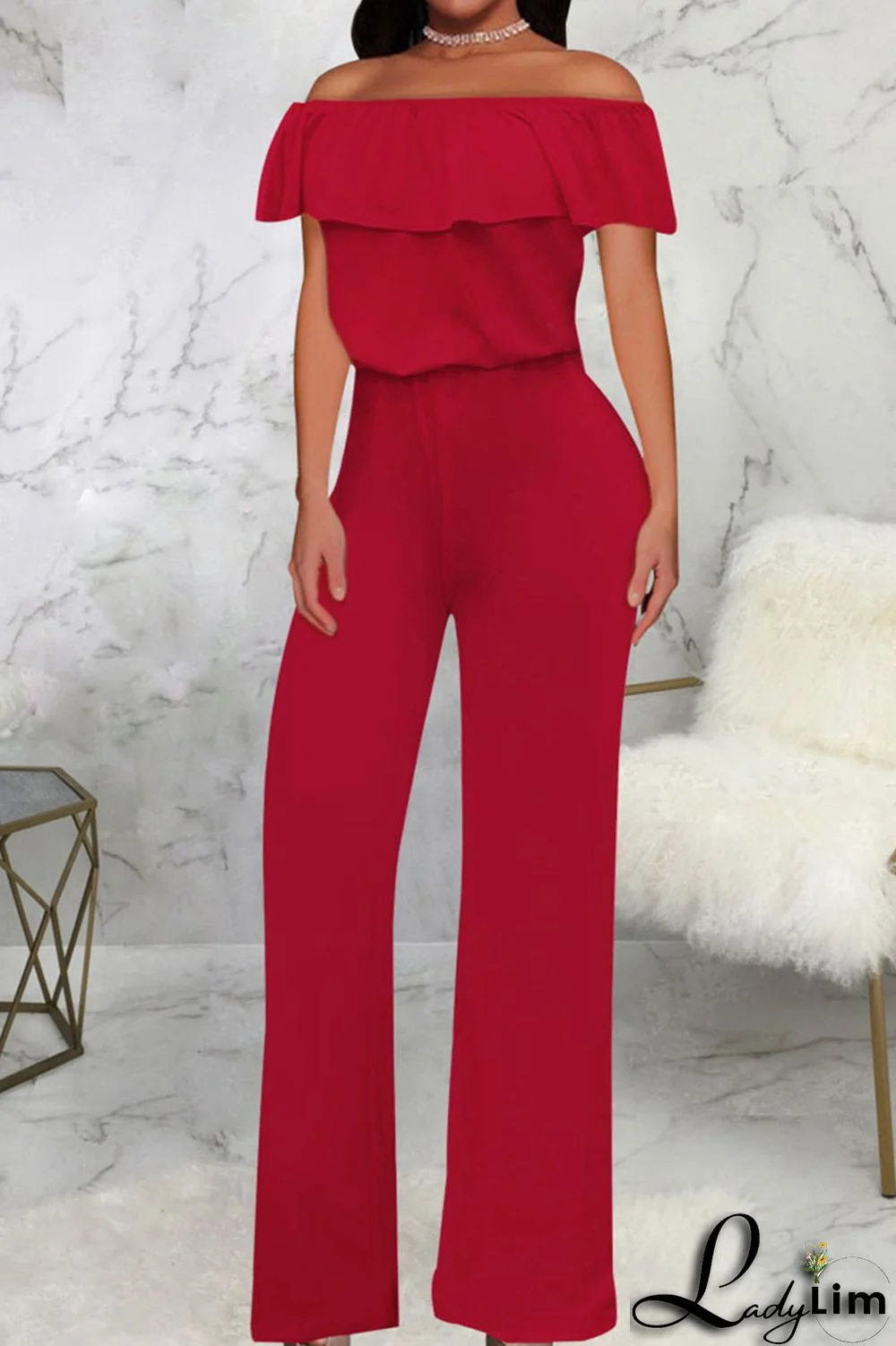 Grey Casual Solid Patchwork Flounce Off the Shoulder Straight Jumpsuits