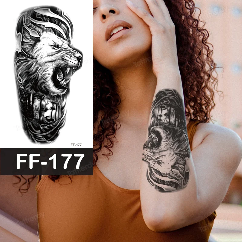 Sdrawing Animal Temporary Tattoo Sticker Black Lion King Wolf Tiger Men Body Art Painting Tattoo Fake Water Transfer Sexy Women