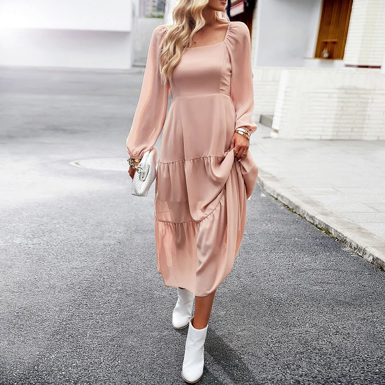 Classic Multi-Layered Solid Color Midi Dress - yankia