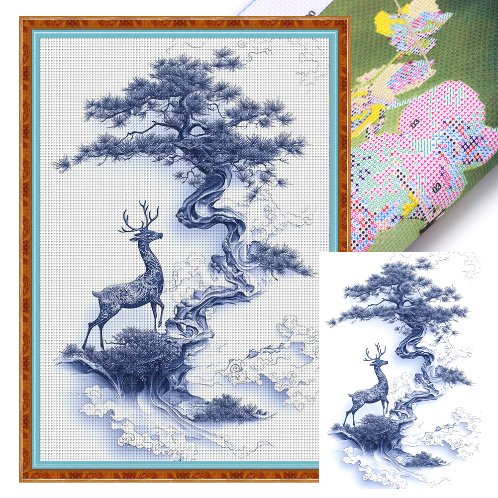 Blue And White Porcelain-Deer Under The Tree Full 11CT Pre-stamped Canvas(40*60cm) Cross Stitch