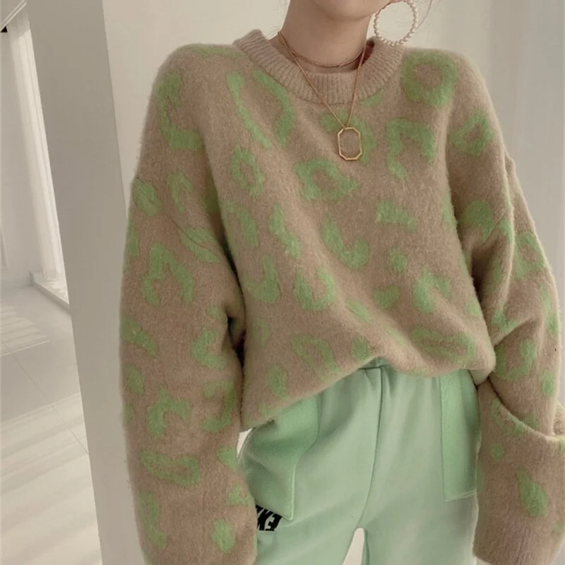 Streetwear Women Vintage Leopard Sweaters Pullovers Autumn Winter Fashion Harajuku Loose O-Neck Lazy Wind Korean Y2k Tops