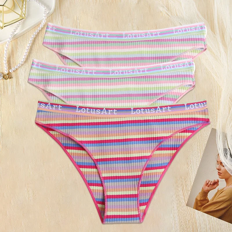 FINETOO 3PCS/Set Women Cotton Seamless Panties for Female M-XL Underwear Panty Sexy Colorful Striped Lingerie Letter Waist Brief