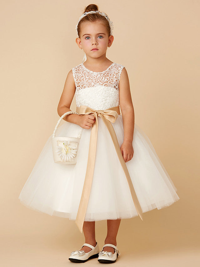 Oknass Princess Sleeveless Jewel Neck  Flower Girl Dress Lace Tulle  With Sash  Ribbon  Bow