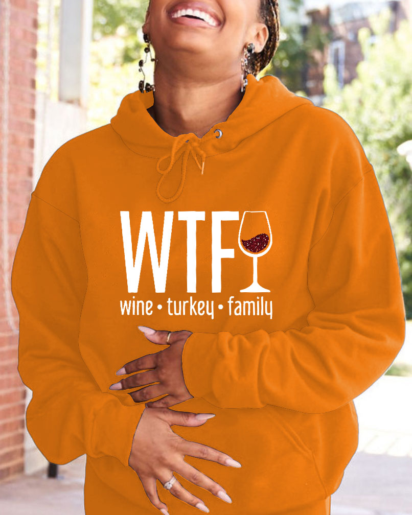 Women's Thanksgiving Wine Turkey Family Printed Pocket Long Sleeve Hoodie