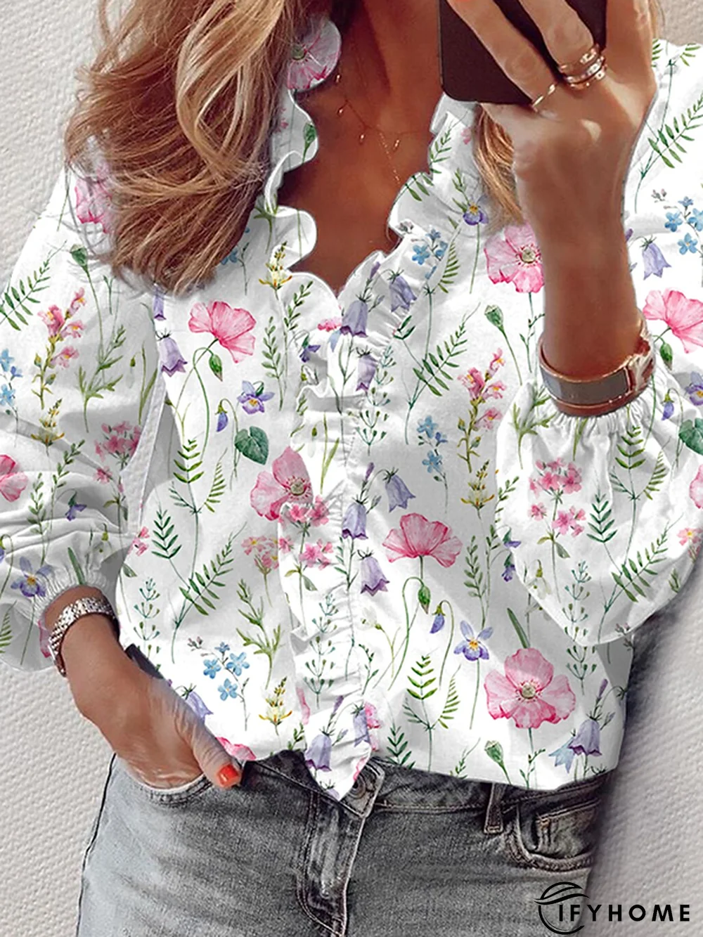 Women's Cute Floral Print V-Neck Ruffle Collar Long Sleeve Blouse | IFYHOME