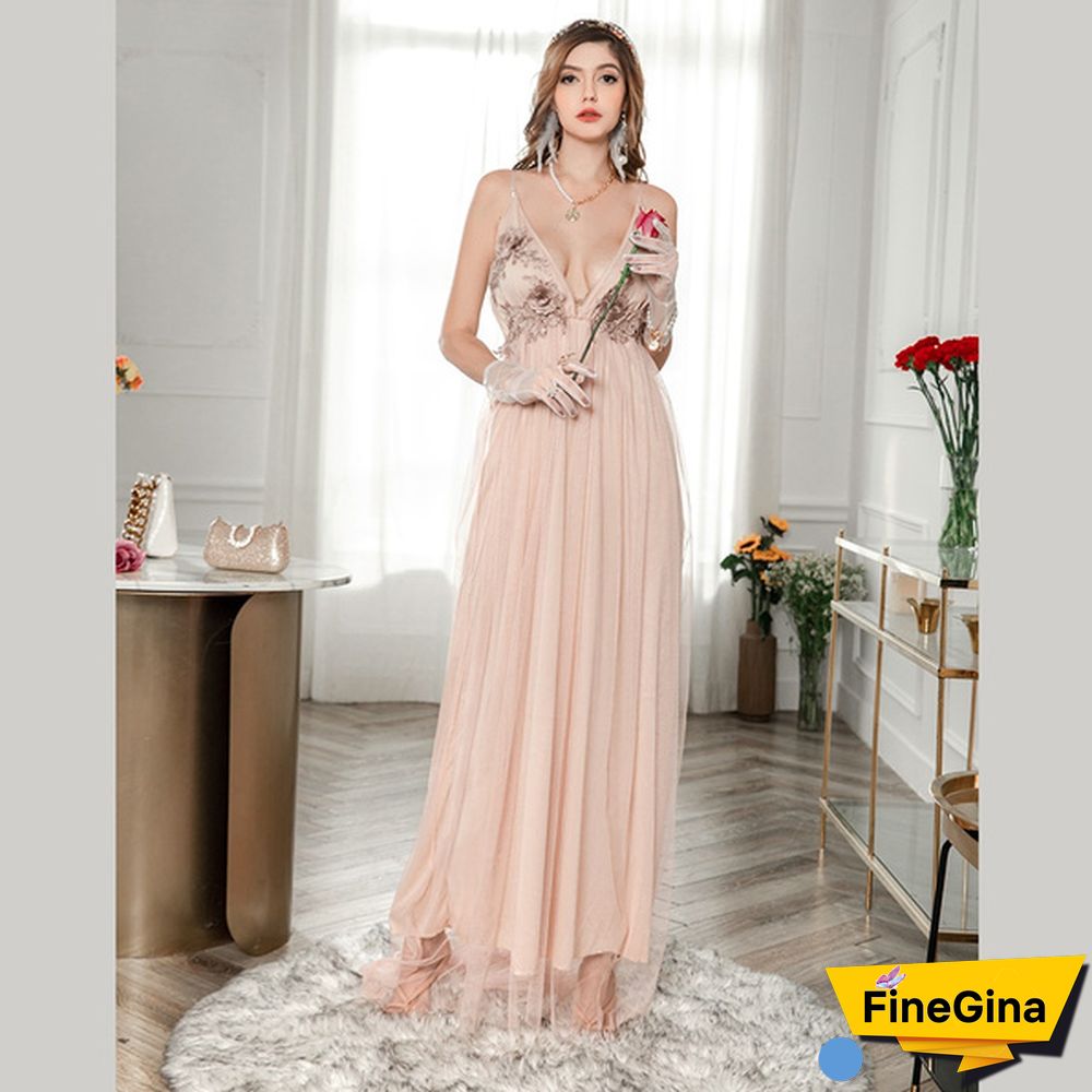 Fashion Plunging Neck Backless Flower Wedding Mesh Dress