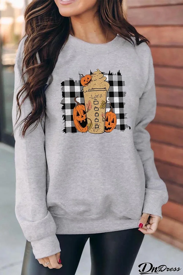 Halloween Plaid Pumpkin Print Crew Neck Graphic Sweatshirt