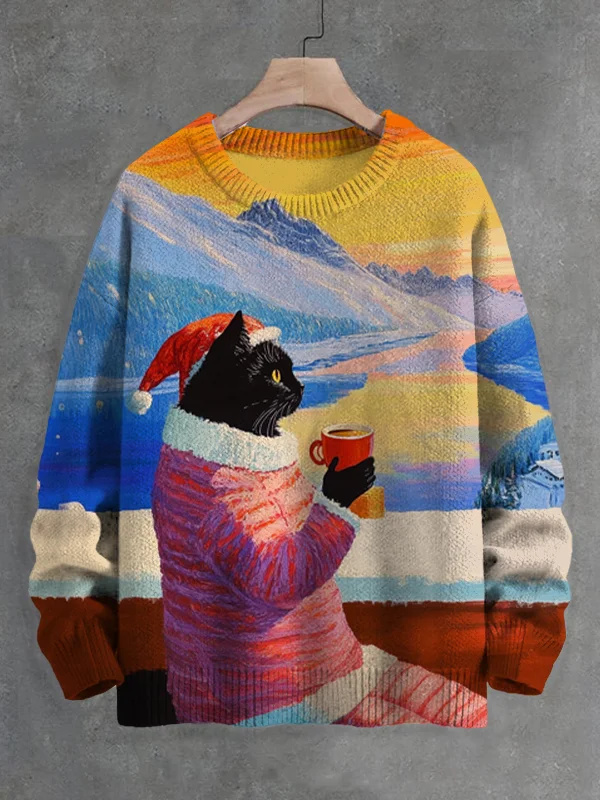 Men's Black Cat Drinking Coffee Snow Scene Art Print Knit Sweatshirt