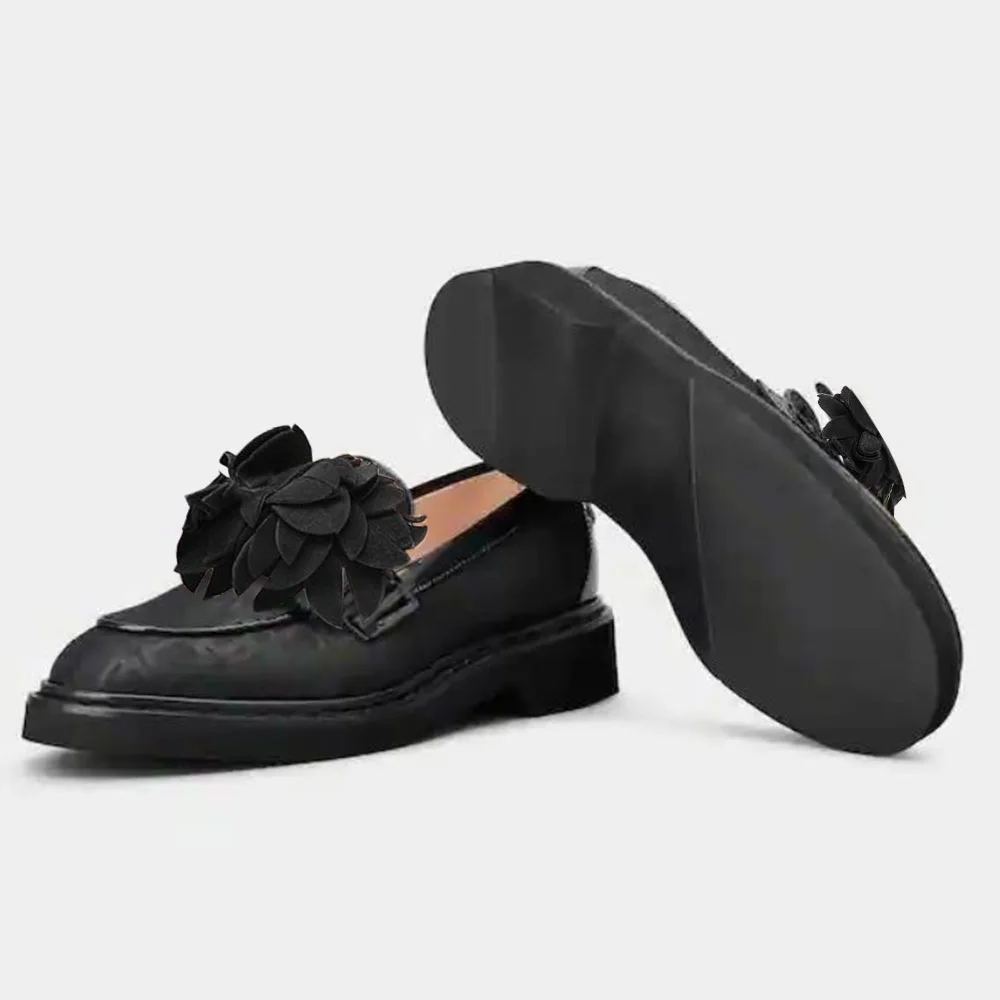 Black Leather Loafers Lug Sole With Flower Decor Chunky Low Heel Flats Nicepairs