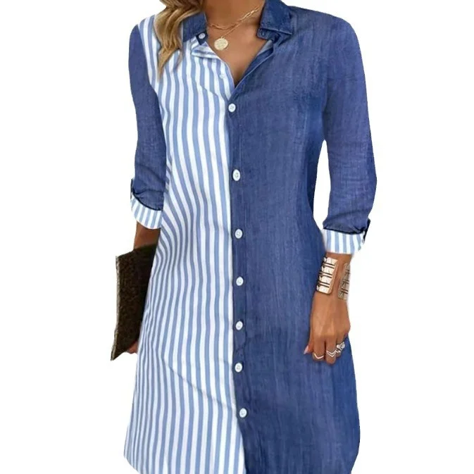 Wongn Wongn Women's Women's Stripe Color Long Sleeve Comfortable Casual Buckle Medium Long Shirt
