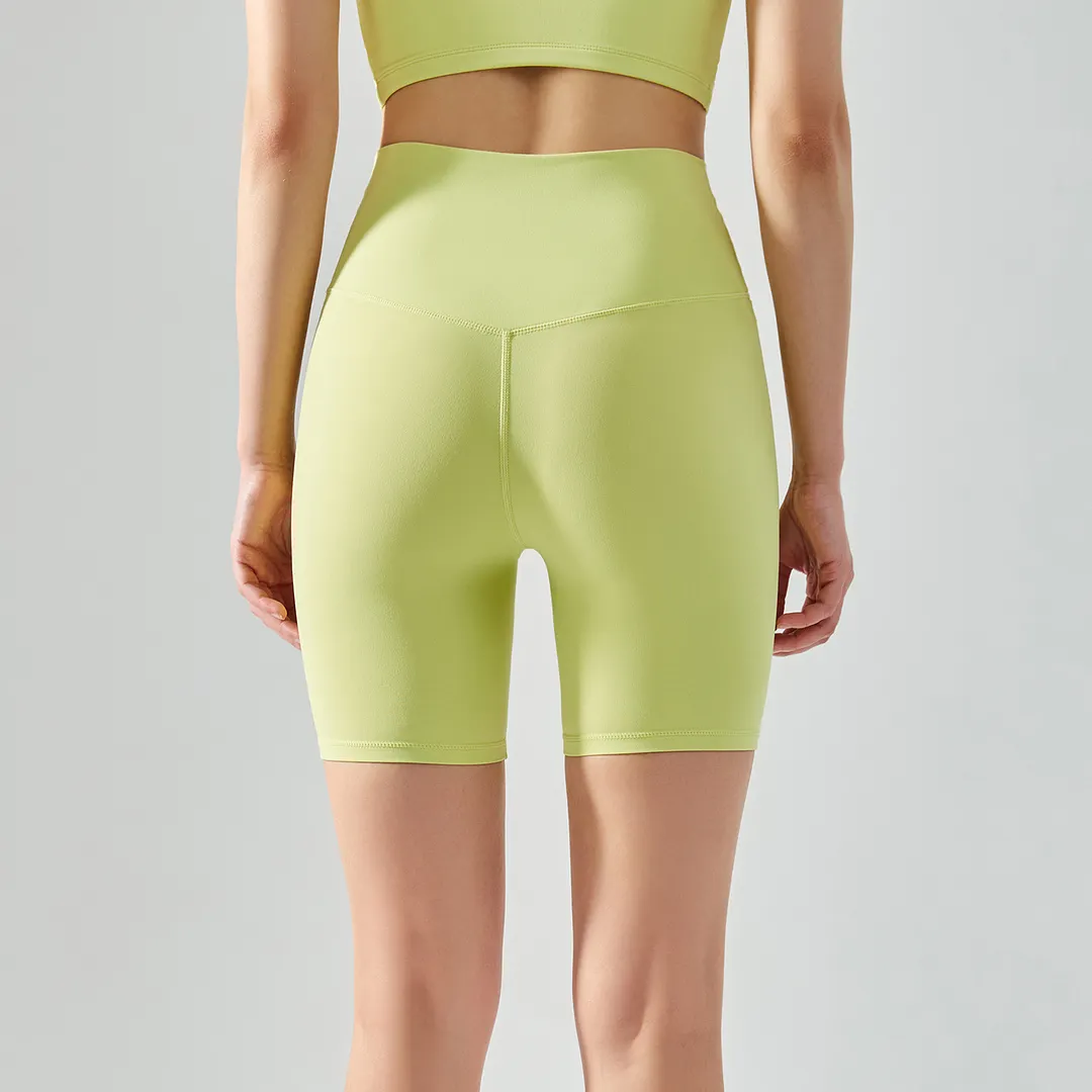 Buy high waist no t line soft lightweight recycled nylon yoga shorts of high quality on Hergymclothing Lime Green