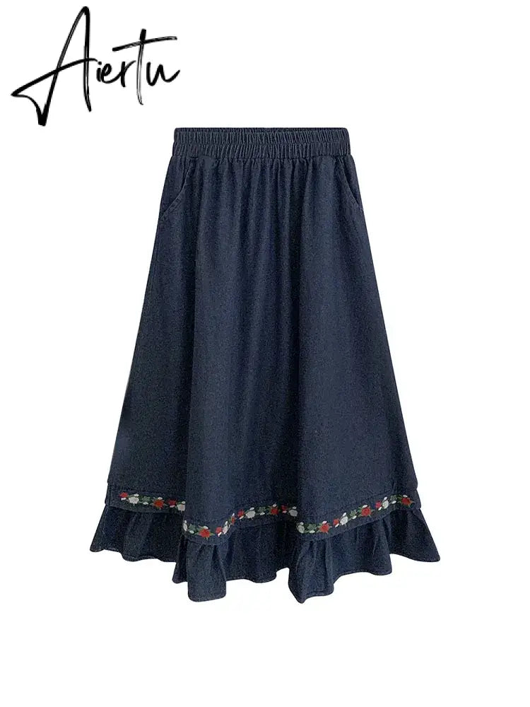 Plus Size Autumn Winter Corduroy Skirt Women Literature Vintage Midi Long Skirts Female Elastic High Waist A-line Pleated Skirt Aiertu