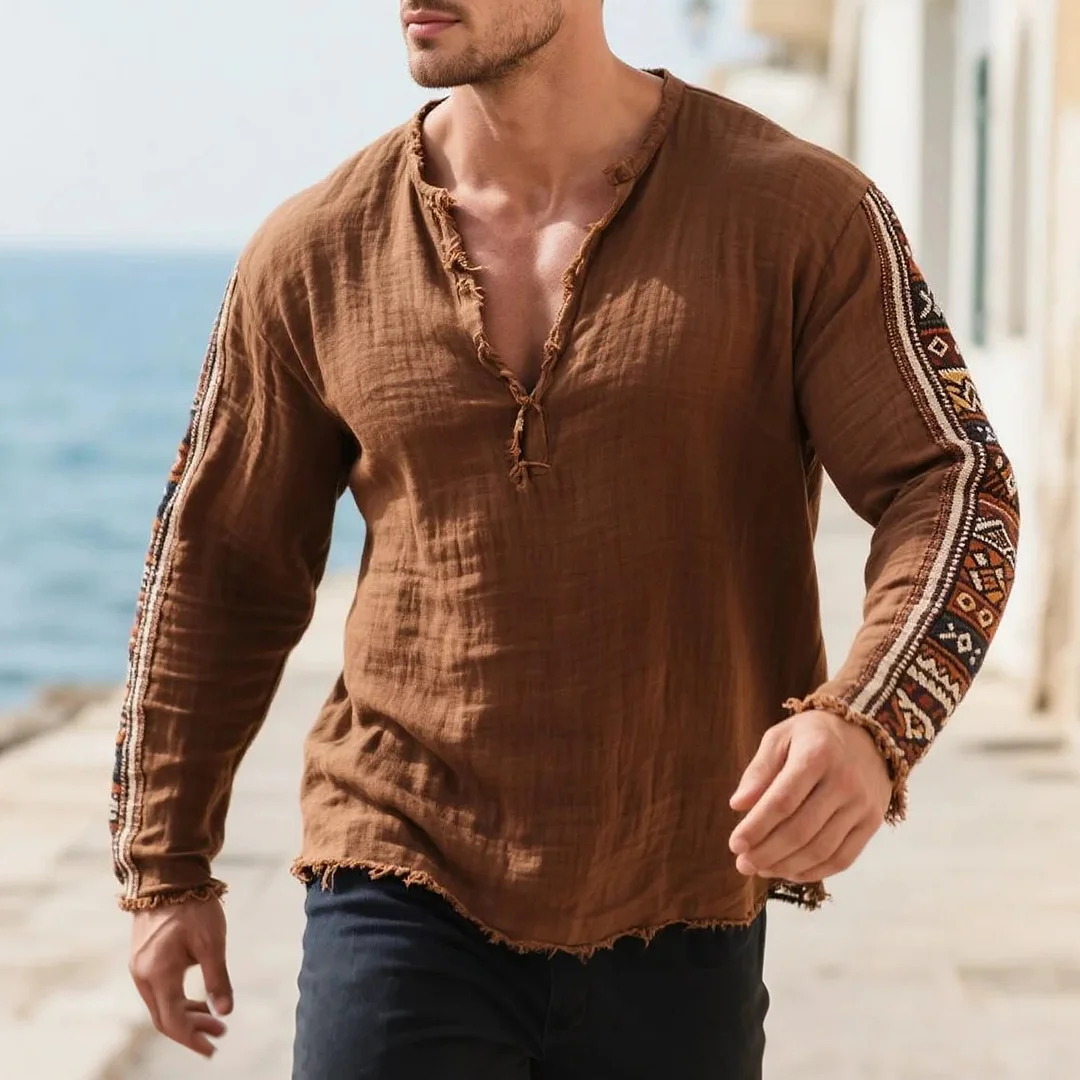  Stylish Henley Shirt with Ethnic Embroidery for Men