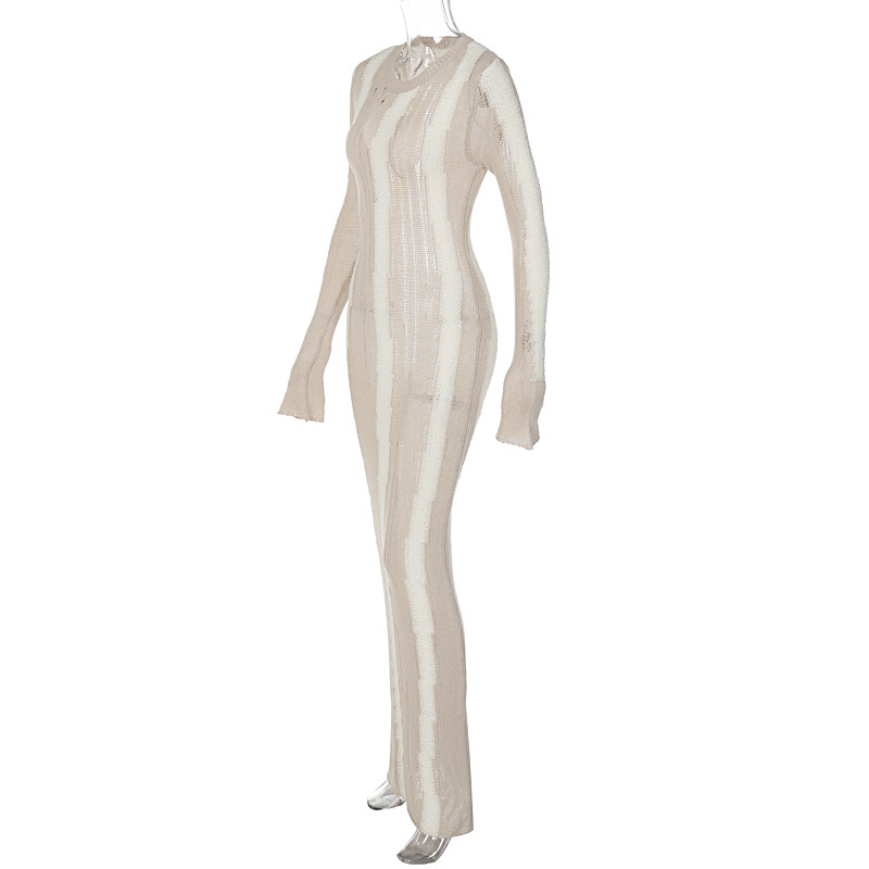 Ootddress Knitwear Hollow Out Solid Maxi Dress For Women See-Through High Waist Loose Knit Autumn Dress Fashion Elegant Party Dress