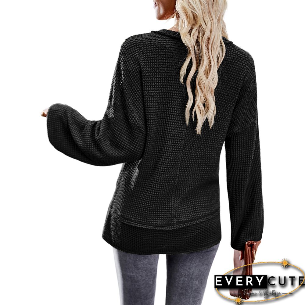 Black V Neck Waffle Pocket Long Sleeve Tops