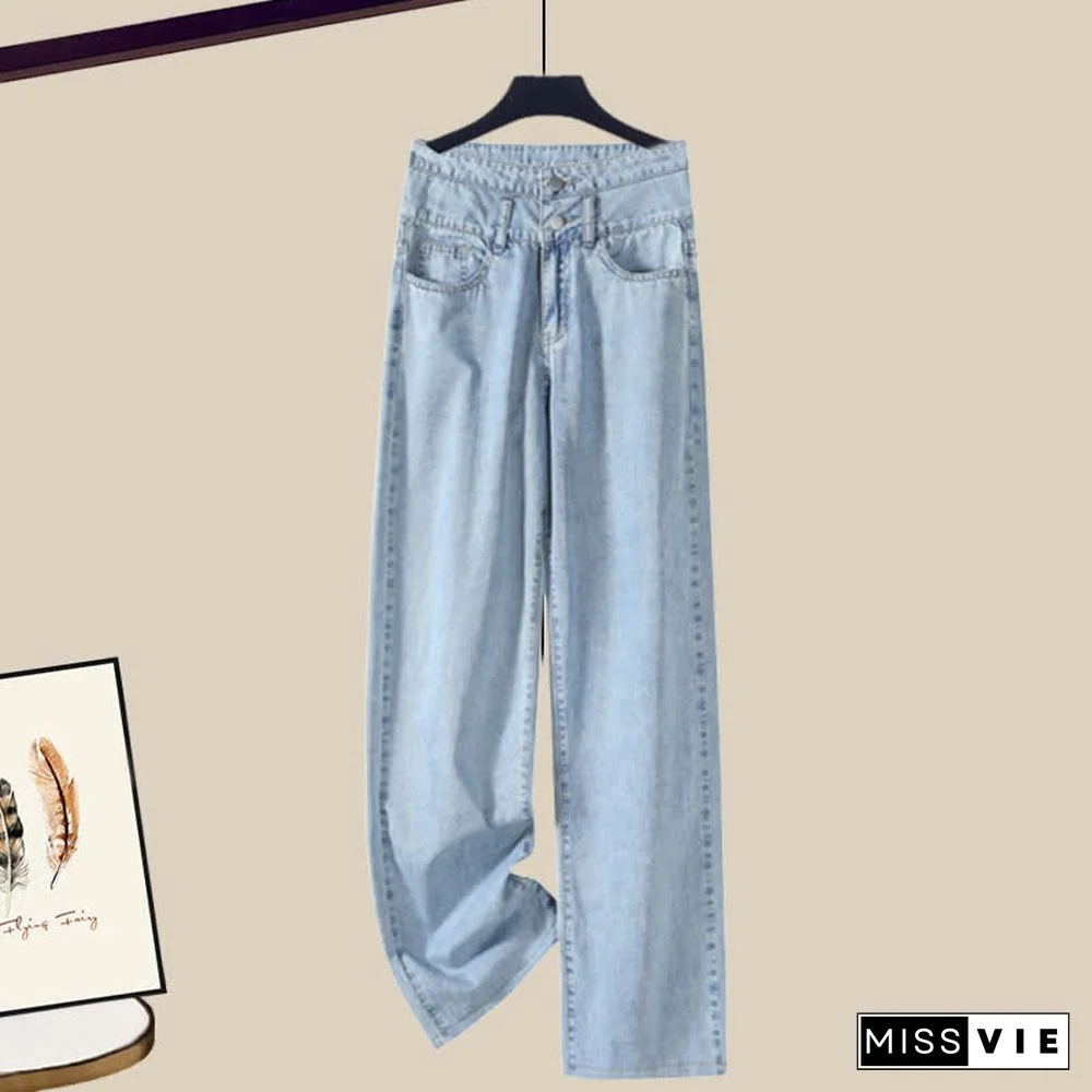 Colorblock Cable Knit Sweater Shirt High Waist Denim Pants Three Pieces