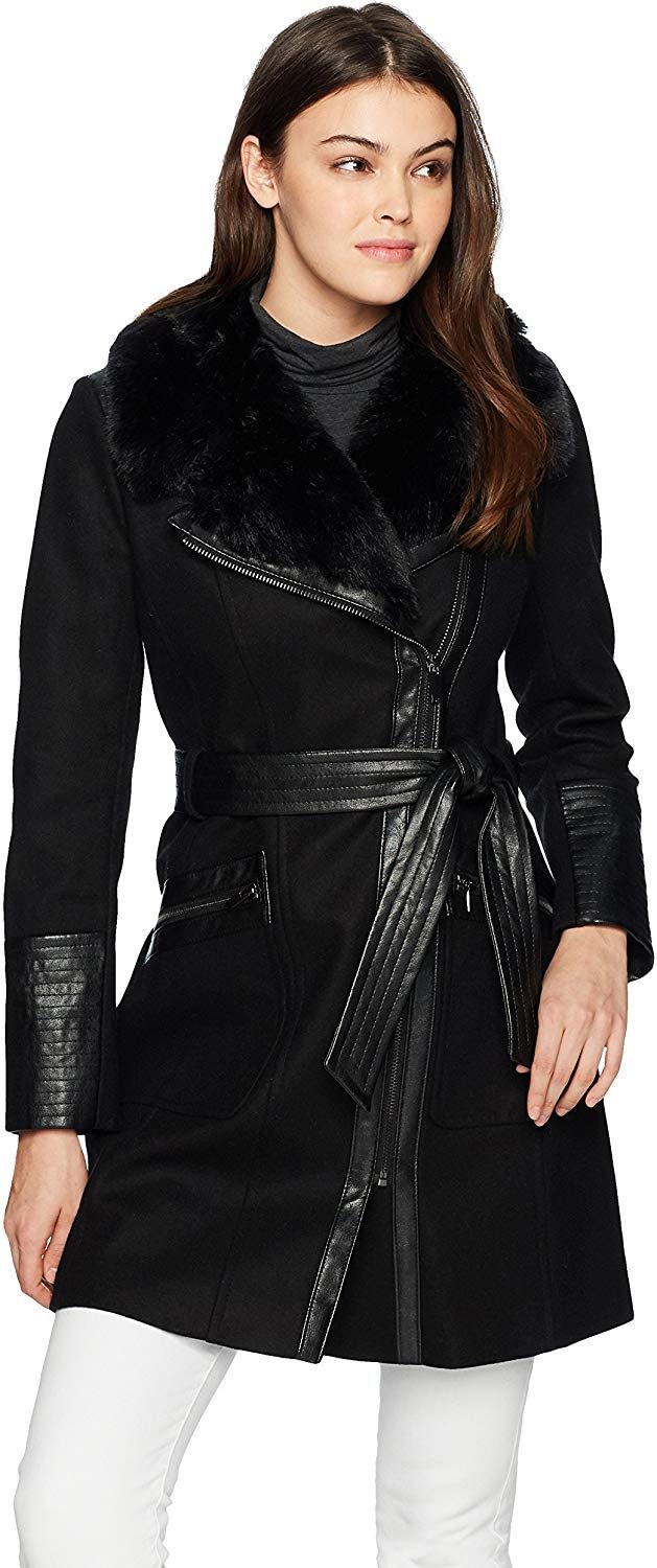 Women's Kate Mid-Length Belted Wool Assymetric Zip Front Coat with Fur Collar