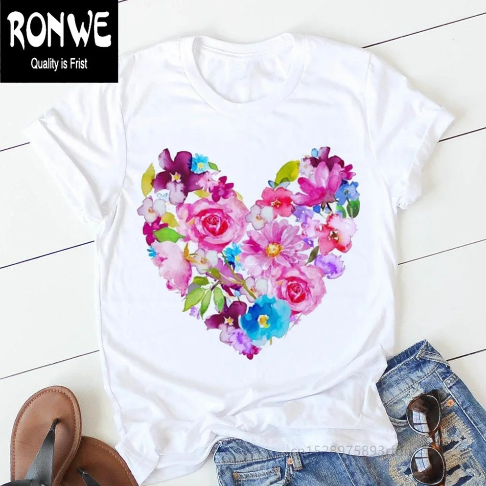 Pink Heart Flower Print Women Tshirt Cotton Casual Funny T Shirt Gift 90s Lady Yong Girl Drop Ship PKT-894