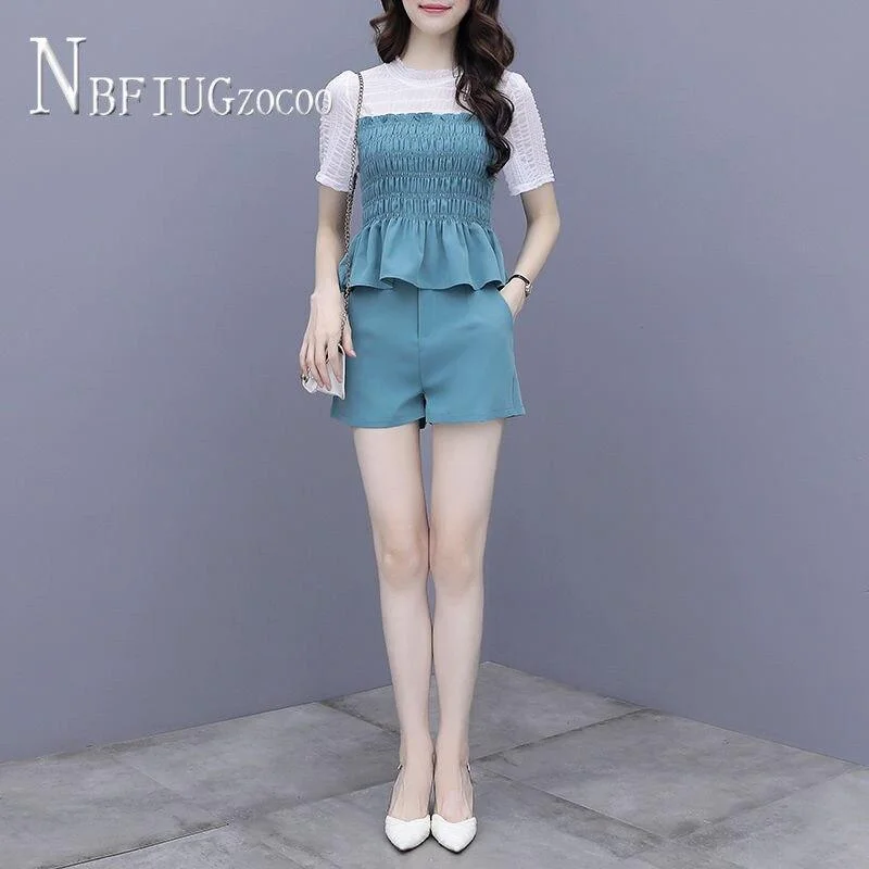 2020 Summer Temperament Women Sets Plus Size Ruffles Blouse And Cute Shorts Female Sets