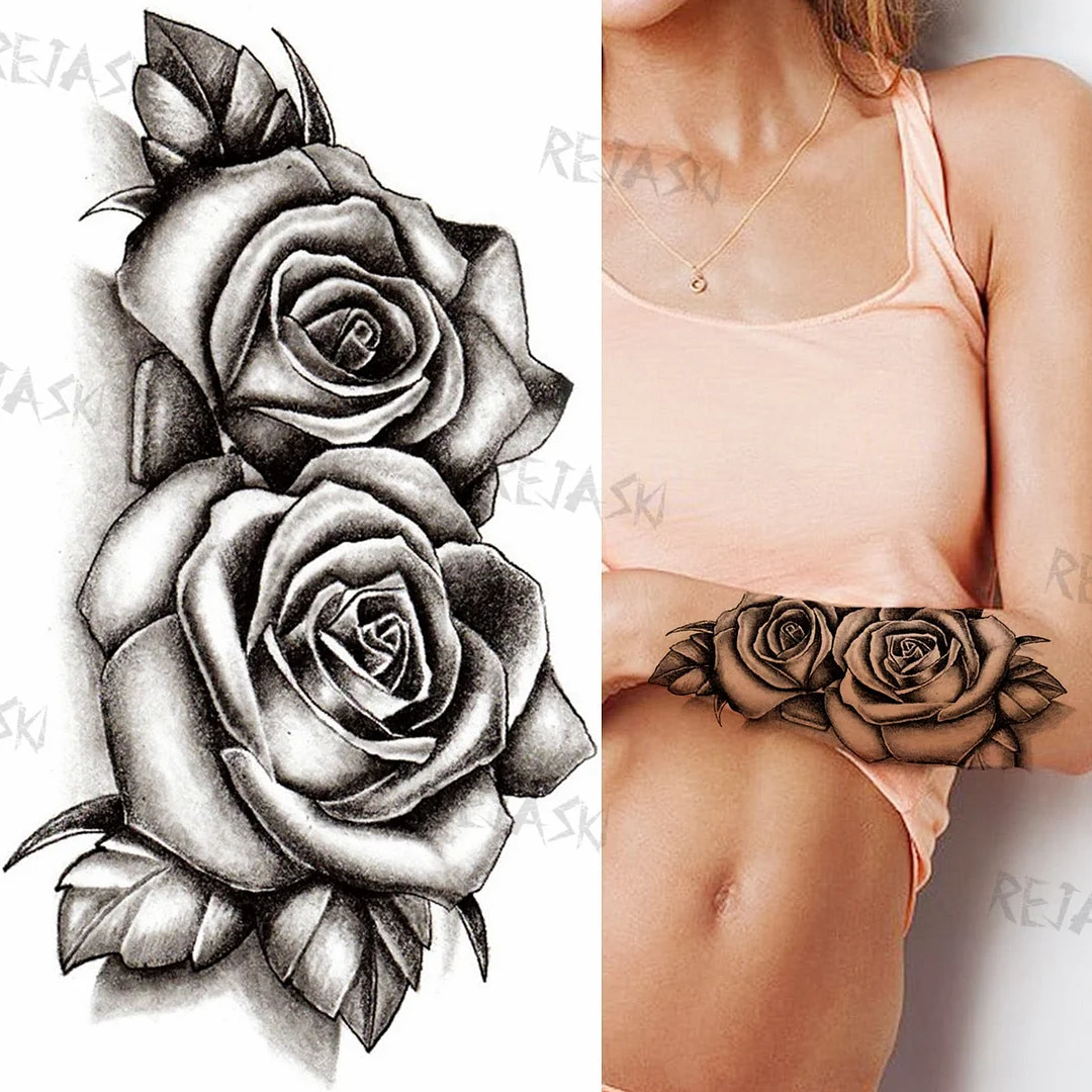 Sexy Snake Flower Fake Temporary Tattoo For Women Black Sunflower Tattoos Bloosom Big Daisy Camellia Water Transfer Tatoos Legs