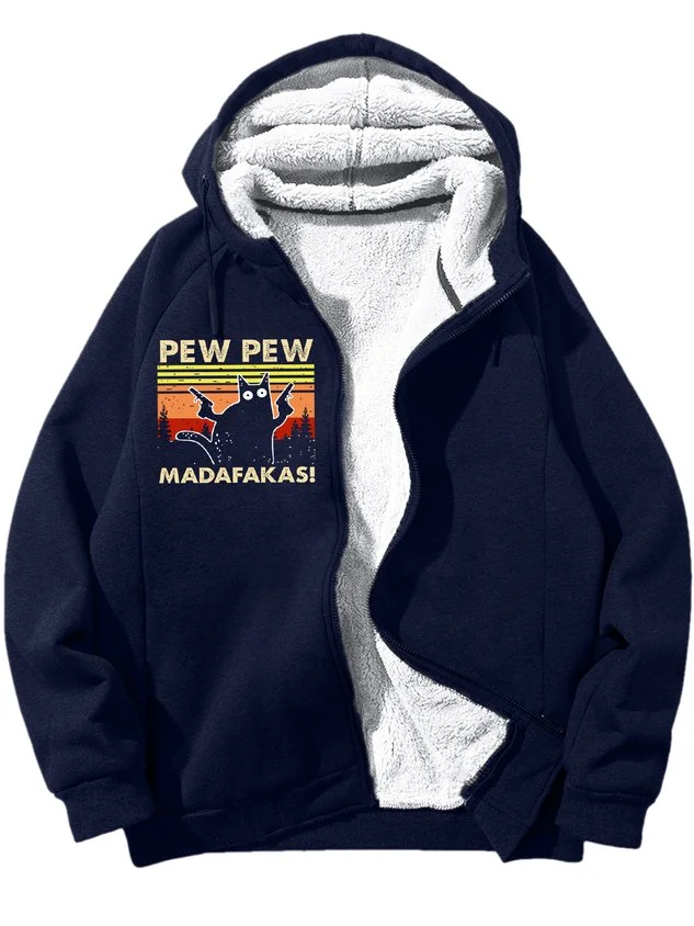 Men's Men's Pew Pew Madafakas Cat Funny Vintage Graphic Print Hoodie Zip Up Sweatshirt Warm Jacket With Fifties Fleece socialshop