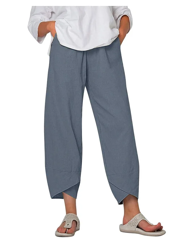 Women's Cotton Linen Solid Mid Waist Ankle-Length Casual Daily Pant socialshop