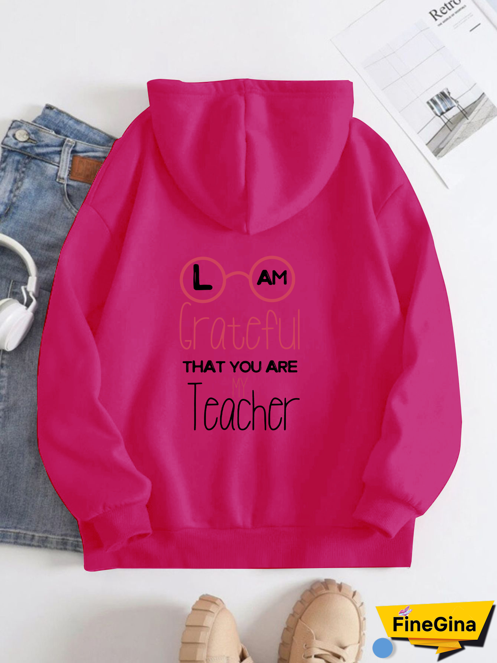 Printed on the Back Kangaroo Pocket Hoodie Long Sleeve for Women Pattern Teacher's Day greetings