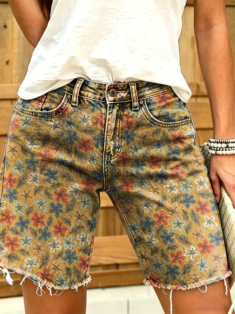 Vintage Ethnic Bohemia Flowers Women's Art Print Casual Denim Shorts