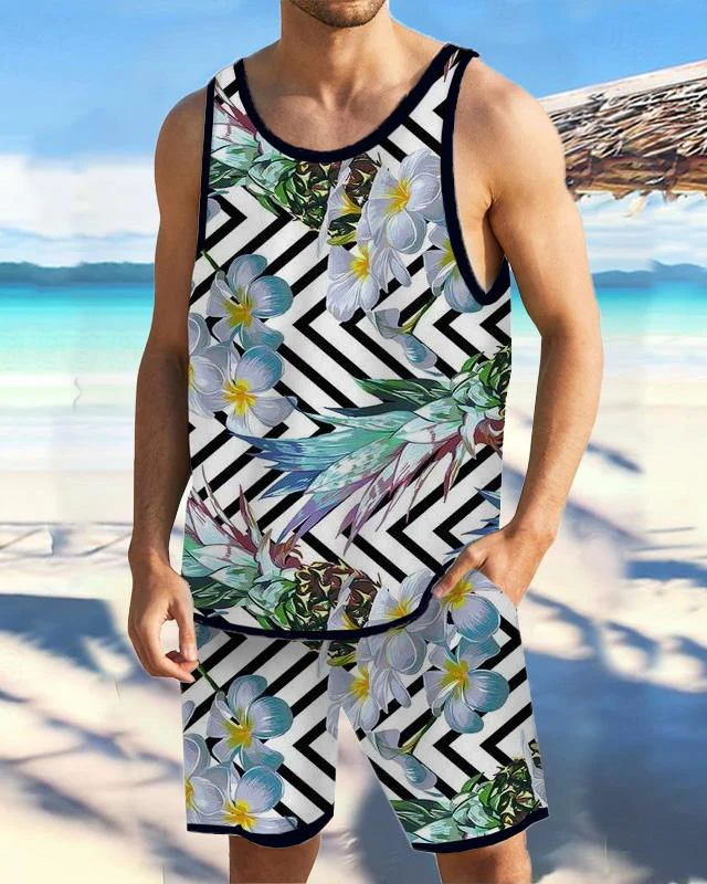 Men's Casual Resort Printed Vest Set 014