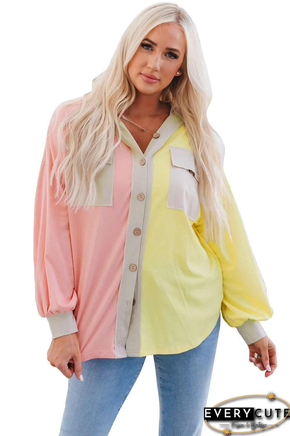 Multicolor Color Block Pocketed Button Down Shirt Jacket with Hood