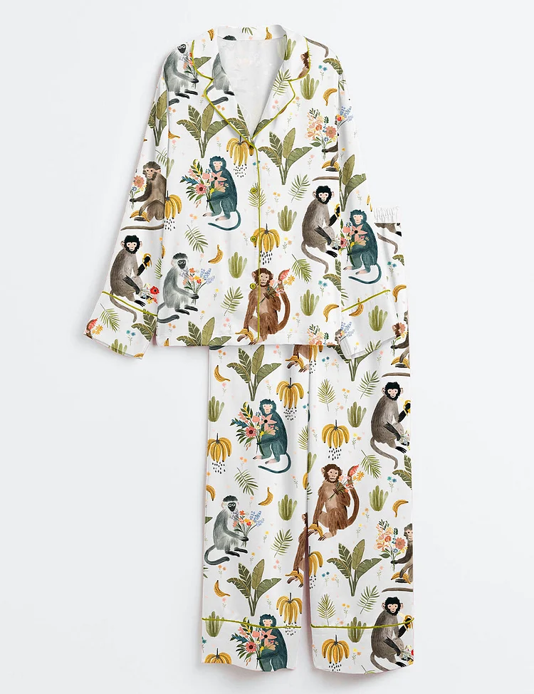 Women's Wildflower Bouquets With A Side Of Monkey Bananas Long Sleeve Satin Pajama Set
