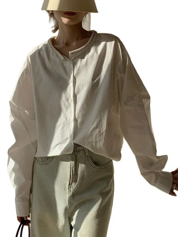 Athvotar Athvotar Spring Round Collar Single Buckle Pearl Necker Casual Striped Shirt Women Casual Ocean Sweet Top