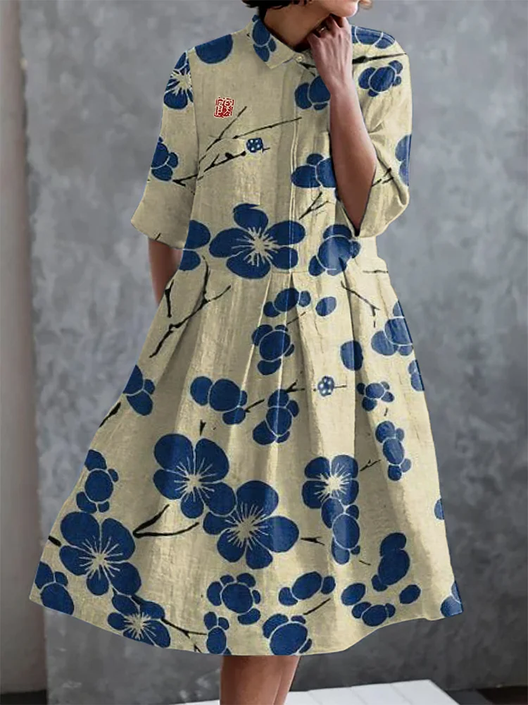Japanese Plum Blossom Print Casual Elegant Pocket Half Sleeve Dress
