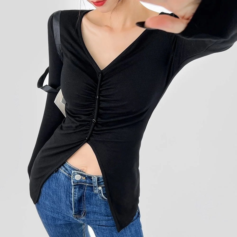 Spring Autumn Women V-neck Solid Color Slim Blouses Long Sleeve Pleated T-Shirt Clothes Simplicity Basic Female Tops
