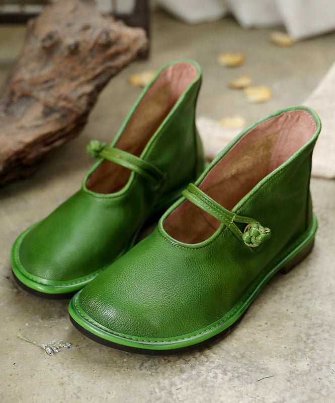 Comfortable Solid Green Flat Feet Shoes Cowhide Leather Upper Buckle Strap Flat Shoes CK1136- Fabulory