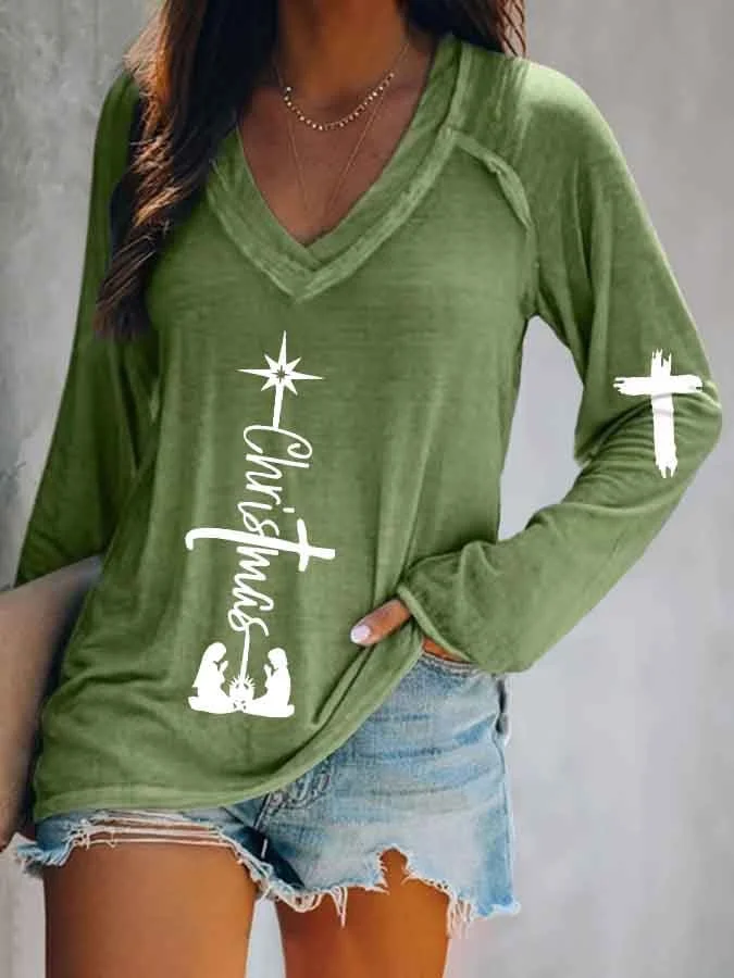 Women’s Faith Christmas Print V-Neck Casual T-Shirt