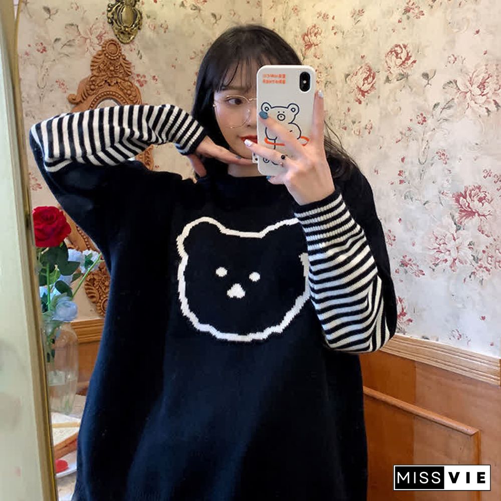 Cartoon Bear Pattern Stripe Sleeve Knit Sweater