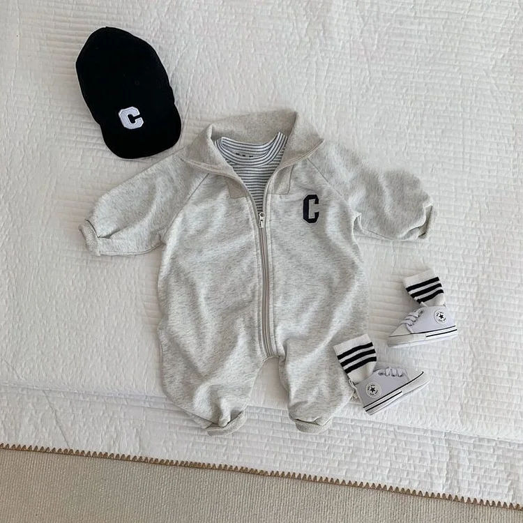 Baby Boy Cotton Solid Color Embroideried Letter Zipped Long Sleeve Casual Lapel Collar Romper