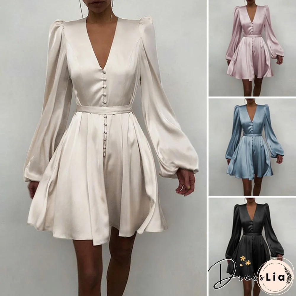 Women Solid Color Stain V Neck Puff Long Sleeve Cocktail Dress Casual Fashion Party Belted Midi Dress Plus Size Kleid