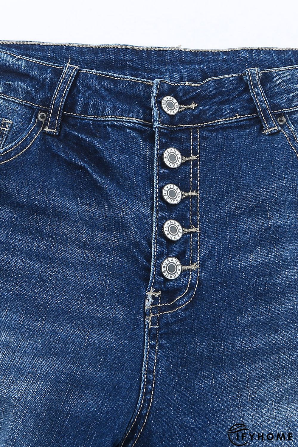 Blue Medium Wash Button Fly Distressed Plus Size Jeans | IFYHOME