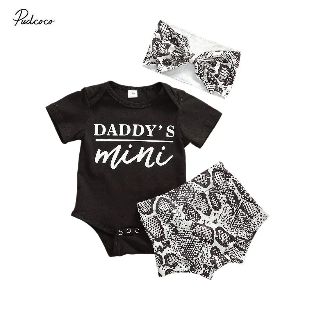 Infant Baby Girls Summer Clothes Daddy's Mini Letter Print Bodysuit +Snake Skin Print Shorts + Bow Headband 3Pcs Outfits Set