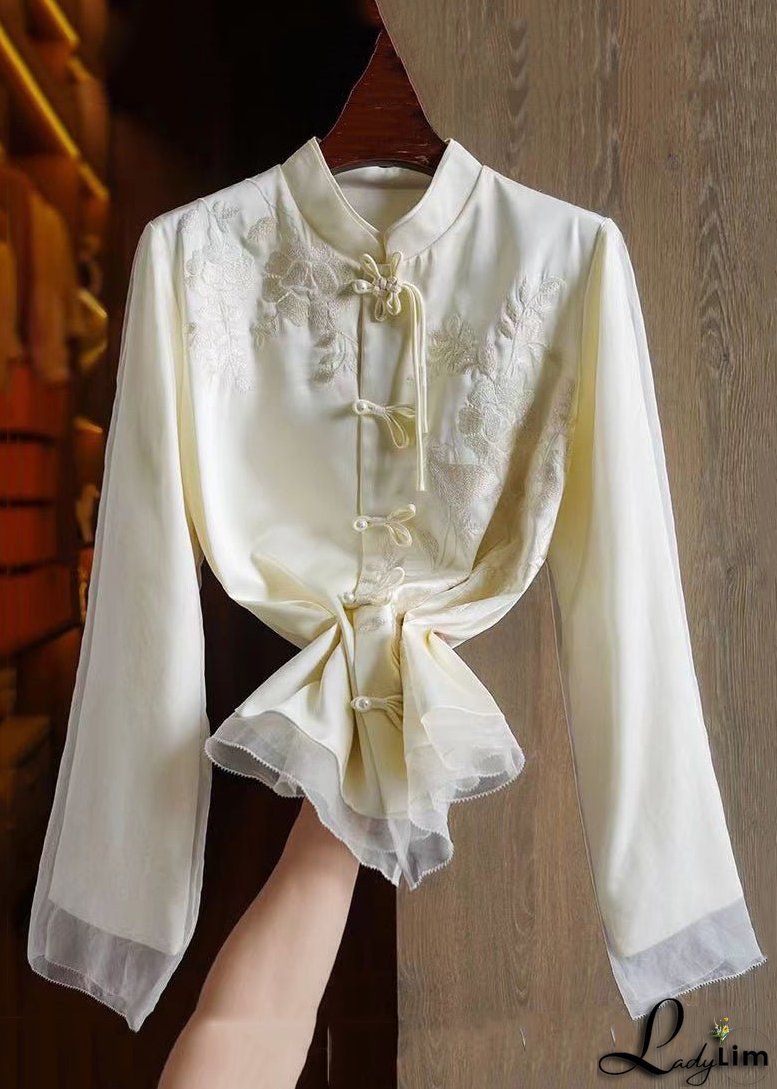 French Black Chinese Button Embroideried Patchwork Silk Tops Long Sleeve