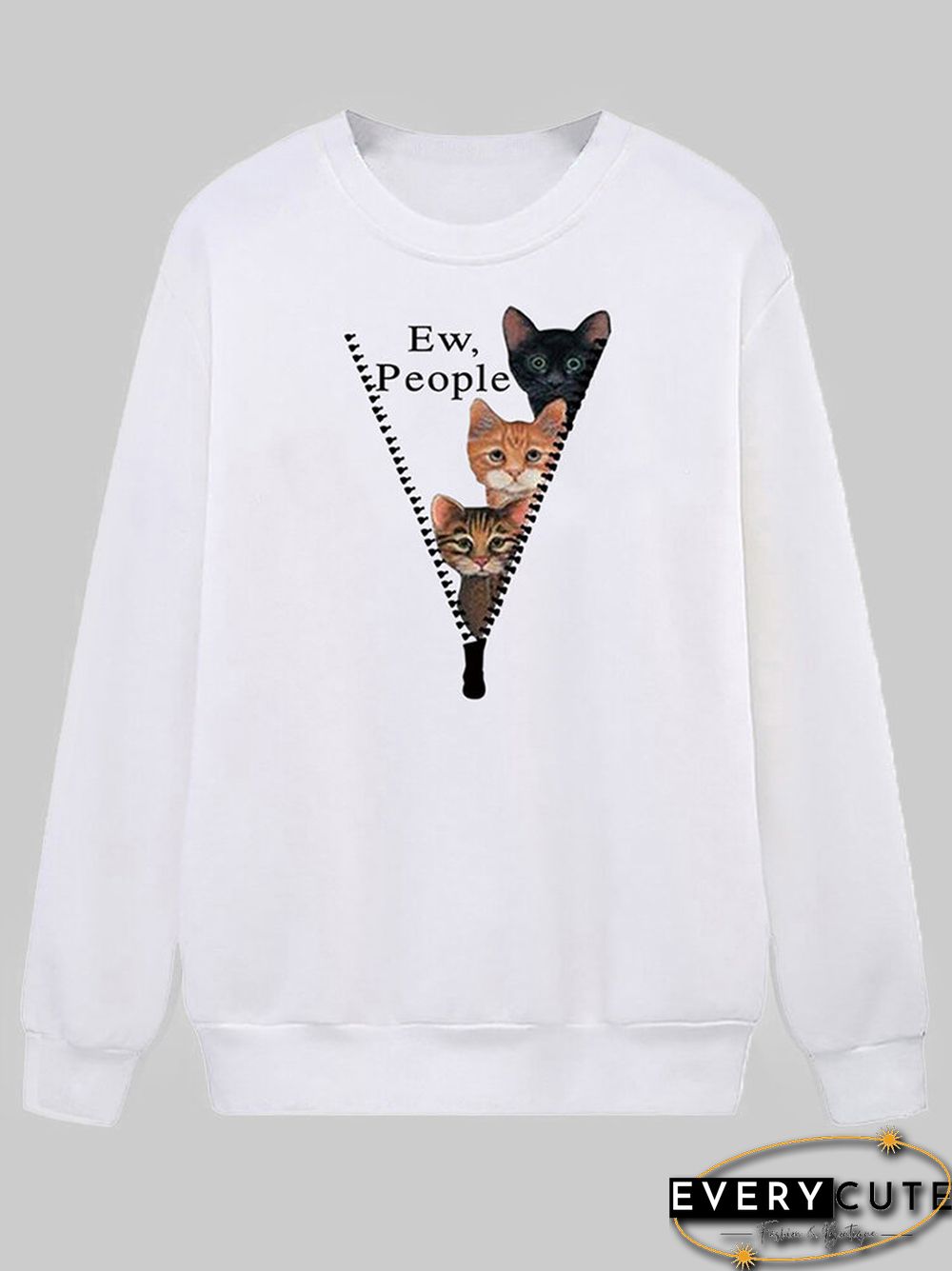 Cartoon Cat Printed O-neck Long Sleeve Sweatershirt