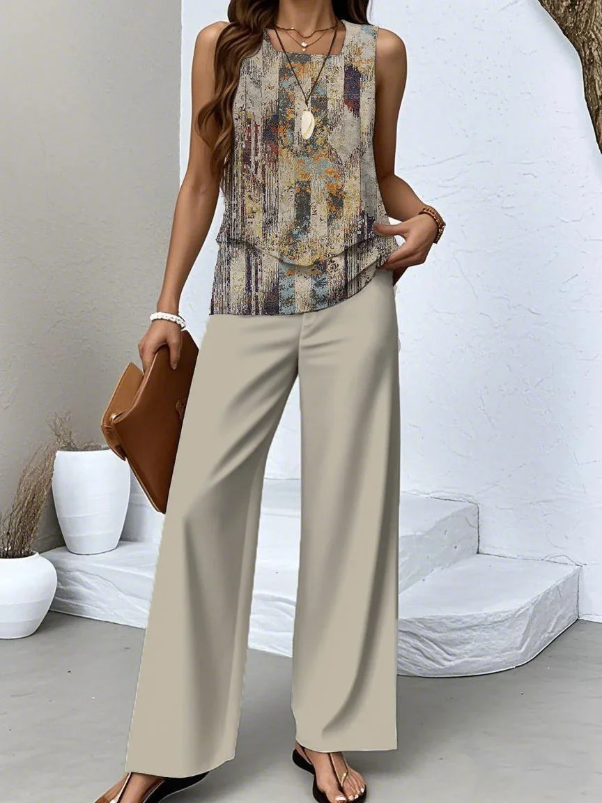Women's Sleeveless Square Collar Graphic Printed Casual Set