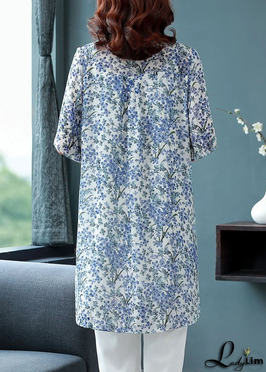 Blue Peter Pan Collar Print Chiffon Long Blouse Top Half Sleeve