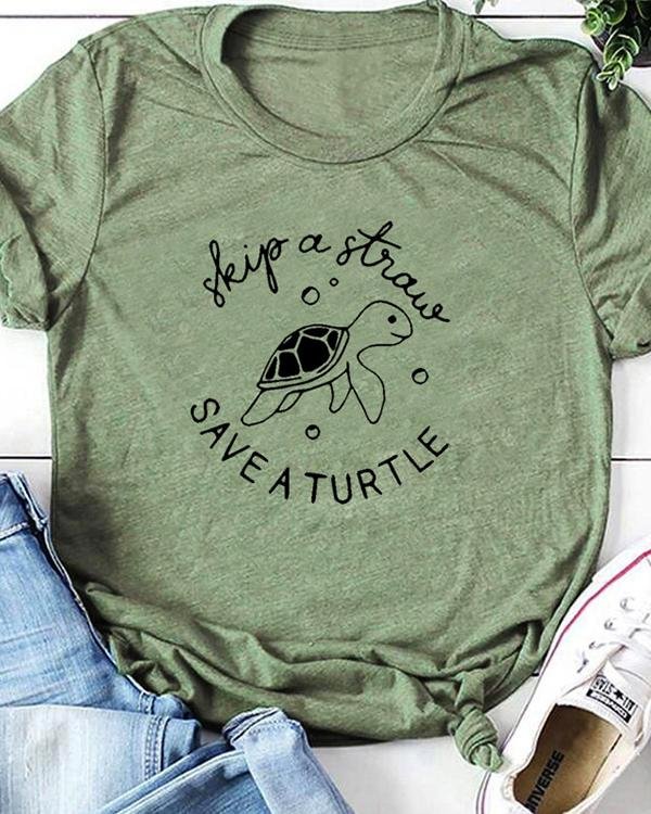 Skip A Straw Save A Turtle Shirt Womens Graphic Tee Short Sleeve - Chicaggo